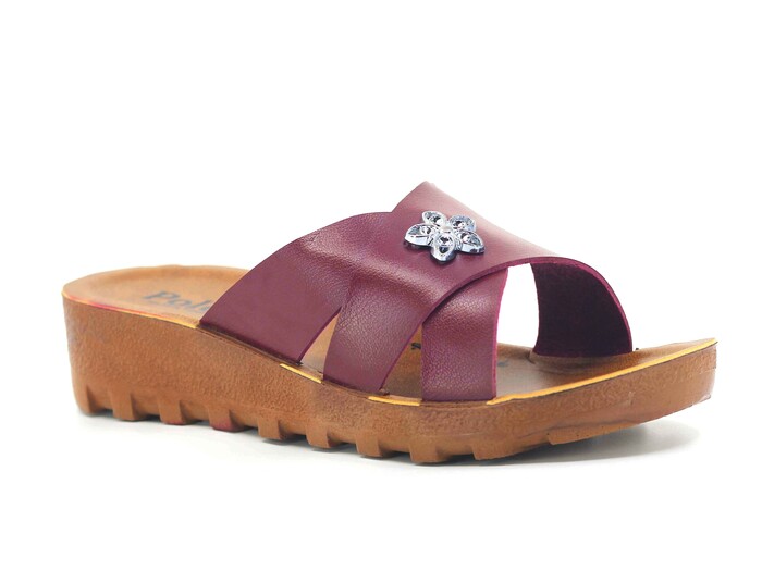 Polex Zenne 5257-C Yan Gül Süslü Traktör Taban Günlük Terlik Bordo - Camel