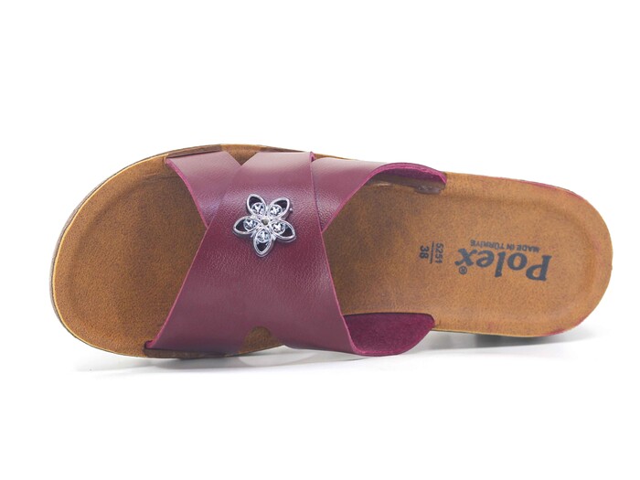 Polex Zenne 5257-C Yan Gül Süslü Traktör Taban Günlük Terlik Bordo - Camel