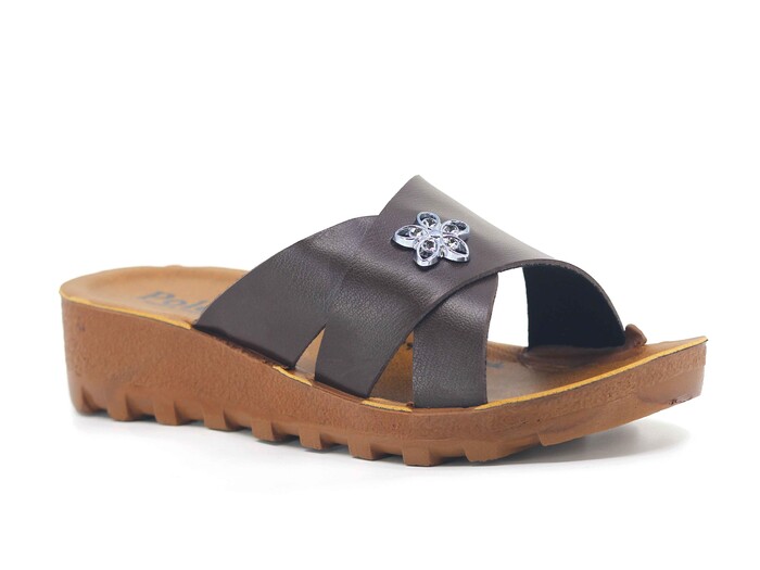 Polex Zenne 5257-C Yan Gül Süslü Traktör Taban Günlük Terlik Kahve - Camel