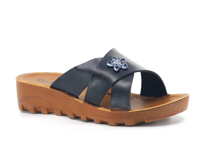 Polex Zenne 5257-C Yan Gül Süslü Traktör Taban Günlük Terlik Siyah - Camel