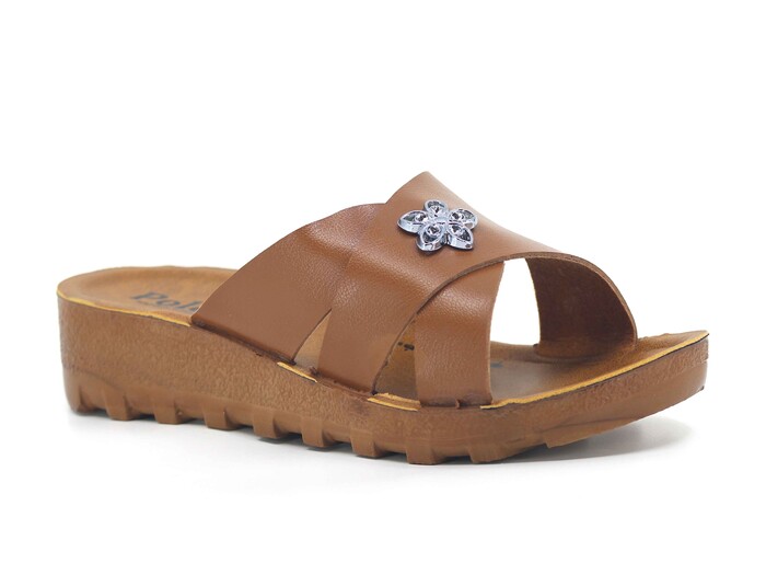 Polex Zenne 5257-C Yan Gül Süslü Traktör Taban Günlük Terlik Taba - Camel