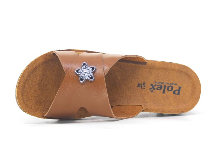 Polex Zenne 5257-C Yan Gül Süslü Traktör Taban Günlük Terlik Taba - Camel