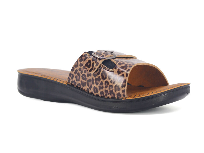 Polex Zenne 5859-C Leopar Desen Lastikli Tokalı Pedli Günlük Terlik Kahve - Polex