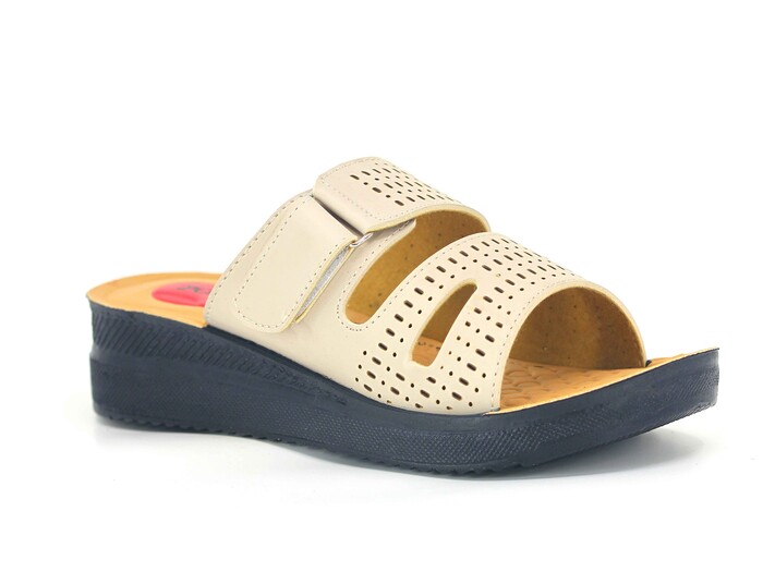 Polex Zenne 802 Bantlı Cırtlı Pedli Günlük Terlik Krem - Polex