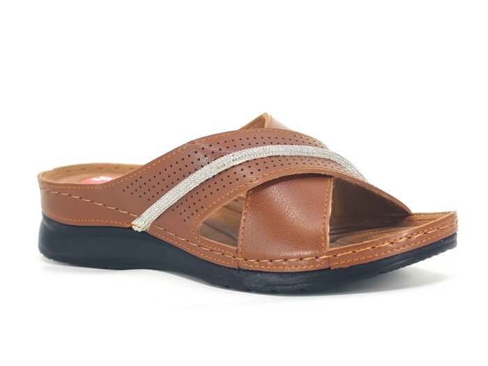 Polex Zenne Z124-0102 Çapraz Bantlı Şerit Taşlı Monta Günlük Terlik Camel - Polex