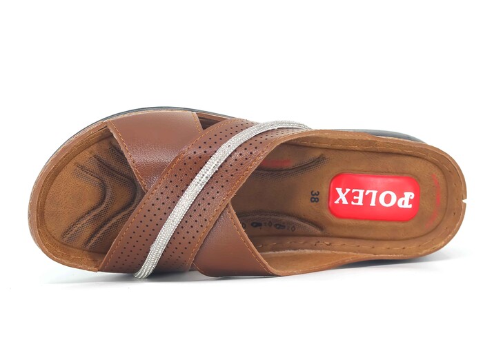 Polex Zenne Z124-0102 Çapraz Bantlı Şerit Taşlı Monta Günlük Terlik Camel - Thumbnail