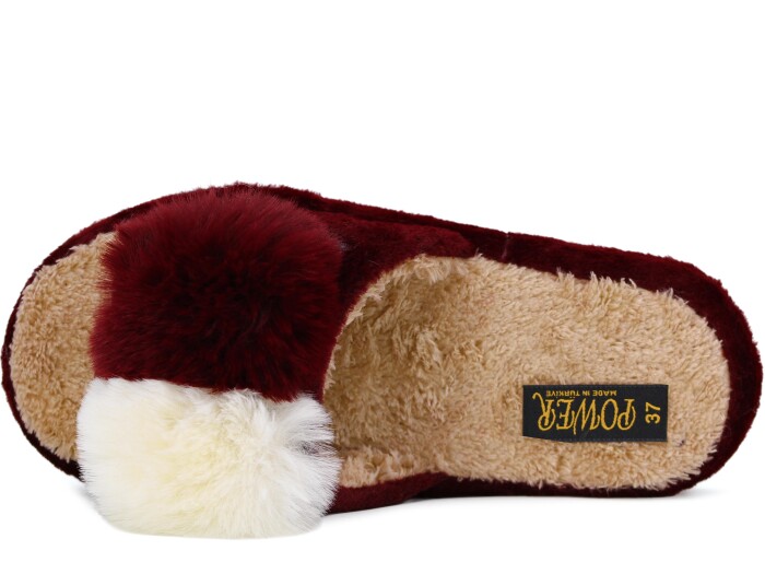 Power Zenne Burnu Açık Çift Ponponlu Peluş Ev Terliği Bordo - 2
