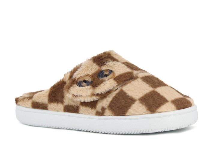 Riyam Zenne Yeni Gondol Düğmeli Ev Terliği Beyaz - Kahve - Riyam