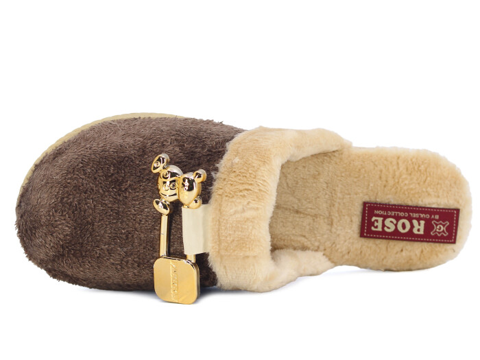 Rose Zenne Ayıcıklı Tokalı Peluşlu Ev Terliği Kahve - Rose (1)