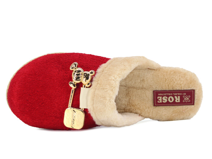Rose Zenne Ayıcıklı Tokalı Peluşlu Ev Terliği Kırmızı - 2