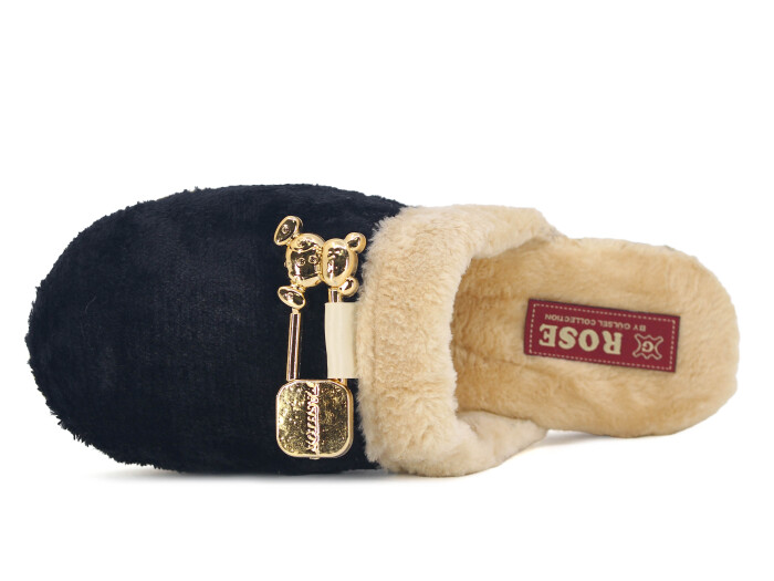 Rose Zenne Ayıcıklı Tokalı Peluşlu Ev Terliği Siyah - Rose (1)