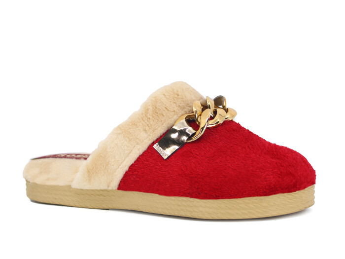 Rose Zenne Büyük Zincir Tokalı Peluşlu Ev Terliği Kırmızı - Rose