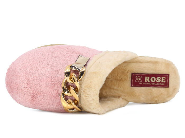 Rose Zenne Büyük Zincir Tokalı Peluşlu Ev Terliği Pudra - Rose (1)