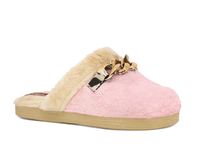 Rose Zenne Büyük Zincir Tokalı Peluşlu Ev Terliği Pudra - 1