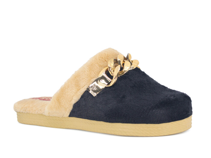 Rose Zenne Büyük Zincir Tokalı Peluşlu Ev Terliği Siyah - Rose