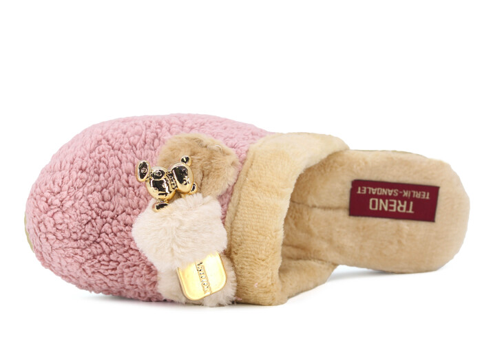 Rose Zenne Fiyonk Ayıcıklı Tokalı Peluşlu Ev Terliği Pudra - 2