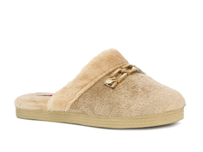 Rose Zenne Geçmeli Tokalı Peluşlu Ev Terliği Bej - 1