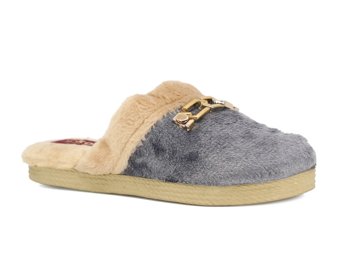 Rose Zenne Geçmeli Tokalı Peluşlu Ev Terliği Gri - 1