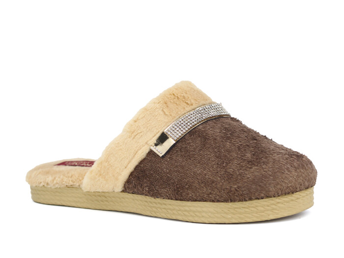 Rose Zenne Taşlı Peluşlu Ev Terliği Kahve - Rose