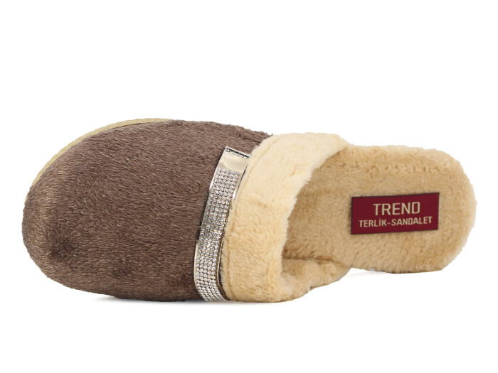 Rose Zenne Taşlı Peluşlu Ev Terliği Kahve - 2