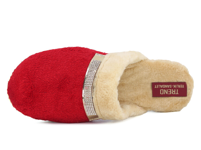 Rose Zenne Taşlı Peluşlu Ev Terliği Kırmızı - 2