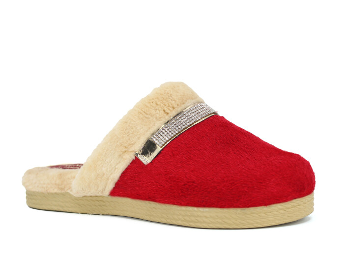 Rose Zenne Taşlı Peluşlu Ev Terliği Kırmızı - Rose