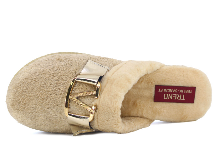 Rose Zenne V Tokalı Peluşlu Ev Terliği Bej - 2