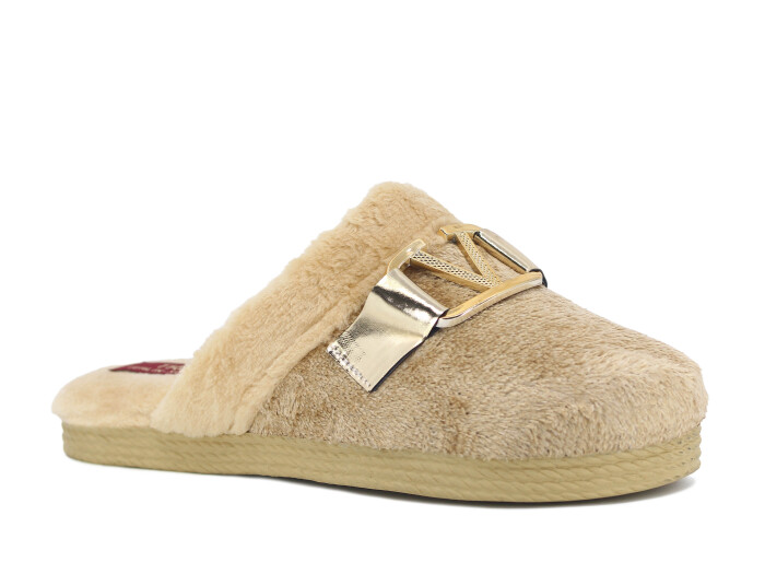 Rose Zenne V Tokalı Peluşlu Ev Terliği Bej - Rose