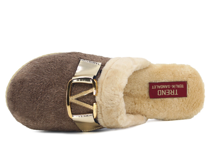 Rose Zenne V Tokalı Peluşlu Ev Terliği Kahve - Rose (1)