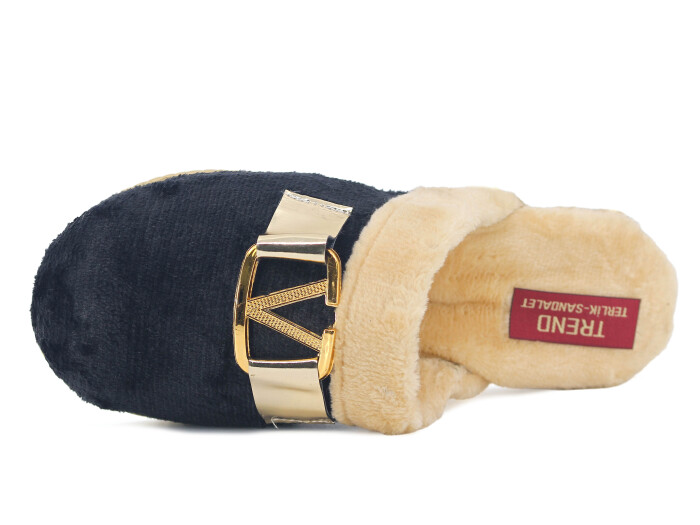 Rose Zenne V Tokalı Peluşlu Ev Terliği Siyah - Rose (1)