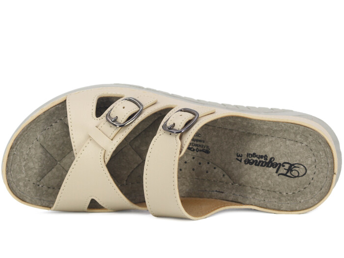 Şahgül Zenne 5503 Geçmeli Çift Toka Monta Günlük Terlik Bej - 2