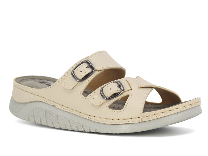 Şahgül Zenne 5503 Geçmeli Çift Toka Monta Günlük Terlik Bej - Şahgül