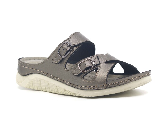 Şahgül Zenne 5503 Geçmeli Çift Toka Monta Günlük Terlik Platin - Şahgül