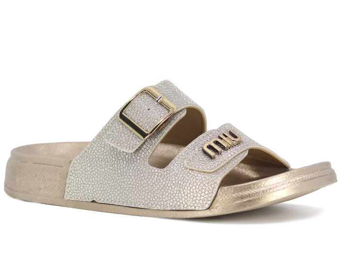 Şahgül Zenne 7326 Monta Çift Bant Tokalı Kutulu Günlük Terlik Altın - Şahgül