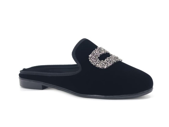 Sahra Zenne Sivri Kare Taşlı Gondol Ev Terliği Siyah - Gri - 1