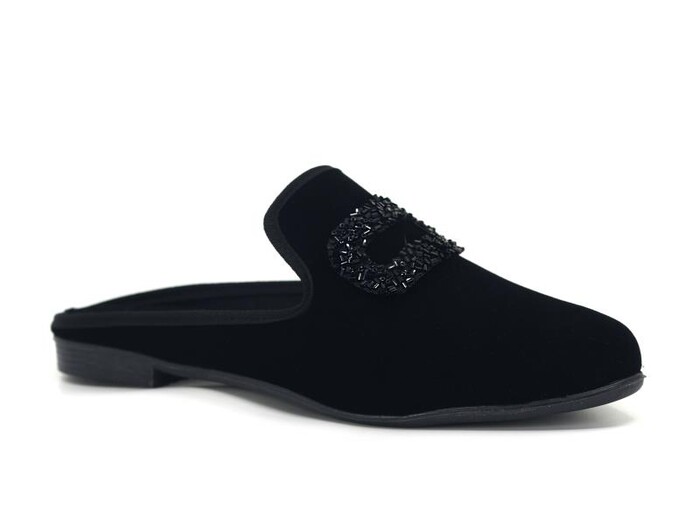 Sahra Zenne Sivri Kare Taşlı Gondol Ev Terliği Siyah - Sahra