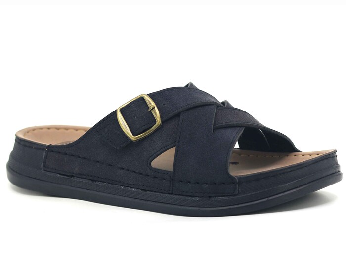 Serra Merdane 6004 Çapraz Geçmeli Tokalı Monta kutulu Günlük Terlik Siyah Süet - Serra