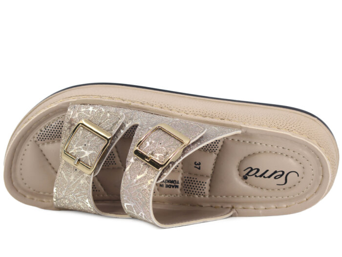 Serra Zenne 7000-1 Çift Toka Simli Dikişli Kutulu Günlük Terlik Krem - 2