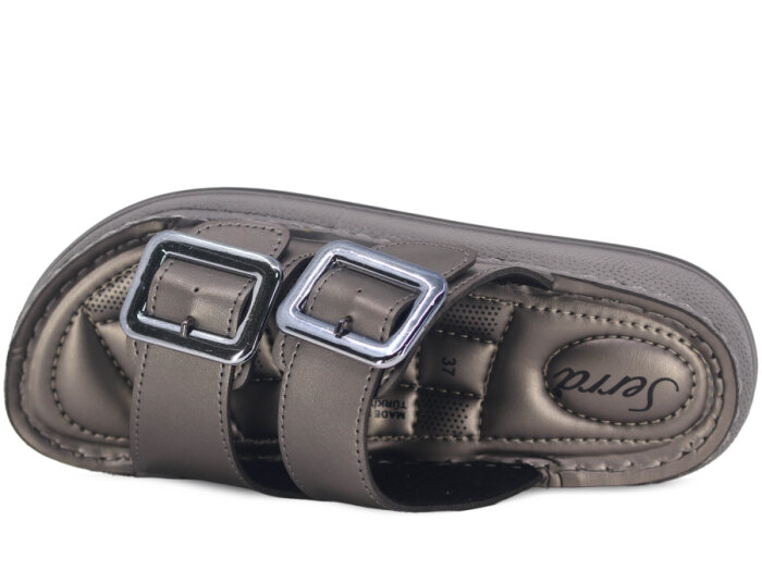 Serra Zenne 7001-1 Çift Toka Simli Dikişli Kutulu Günlük Terlik Platin - 2