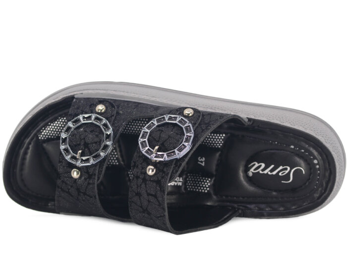 Serra Zenne 7002-1 Çift Bant Simli Dikişli Kutulu Günlük Terlik Siyah - 2