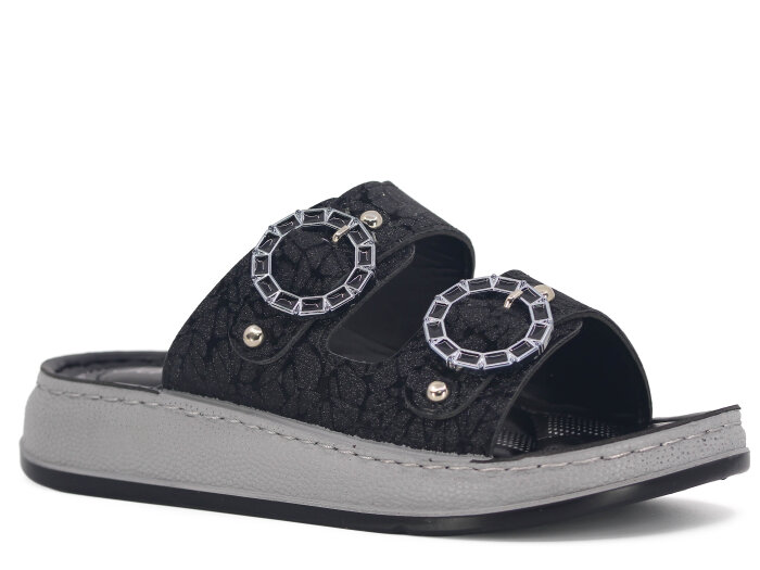 Serra Zenne 7002-1 Çift Bant Simli Dikişli Kutulu Günlük Terlik Siyah - Serra