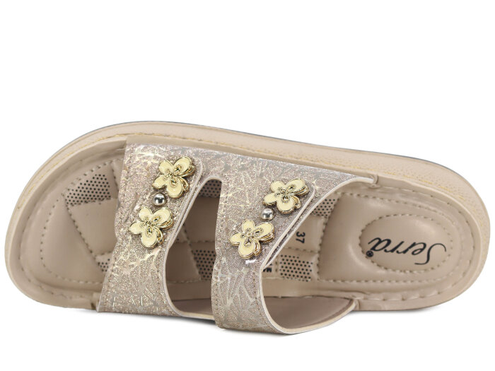 Serra Zenne 7004-1 Simli Çift Bantlı Taşlı Dikişli Kutulu Günlük Terlik Krem - 2