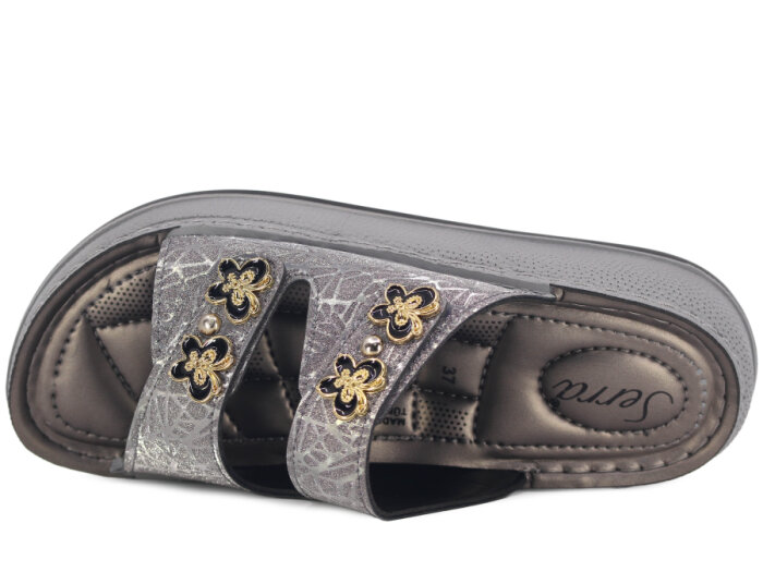 Serra Zenne 7004-1 Simli Çift Bantlı Taşlı Dikişli Kutulu Günlük Terlik Platin - 2