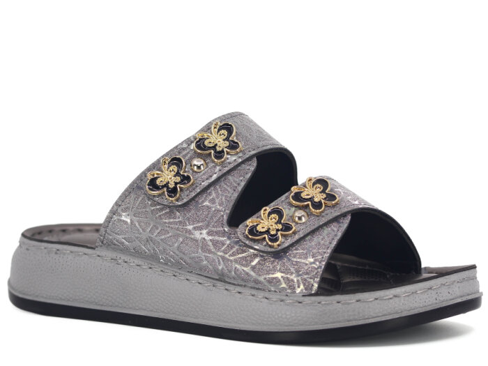 Serra Zenne 7004-1 Simli Çift Bantlı Taşlı Dikişli Kutulu Günlük Terlik Platin - 1