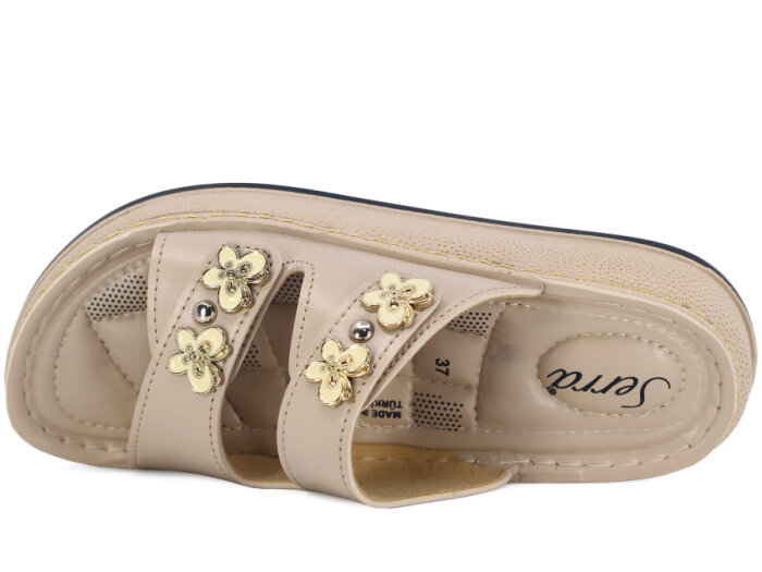 Serra Zenne 7004 Çift Bantlı Taşlı Dikişli Kutulu Günlük Terlik Krem - 2