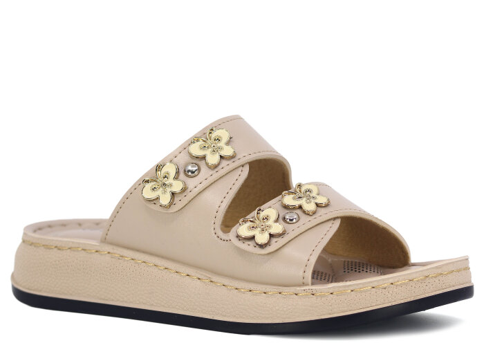 Serra Zenne 7004 Çift Bantlı Taşlı Dikişli Kutulu Günlük Terlik Krem - Serra