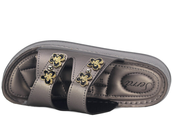 Serra Zenne 7004 Çift Bantlı Taşlı Dikişli Kutulu Günlük Terlik Platin - Serra (1)