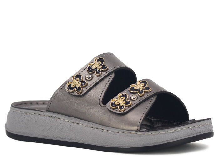 Serra Zenne 7004 Çift Bantlı Taşlı Dikişli Kutulu Günlük Terlik Platin - Serra