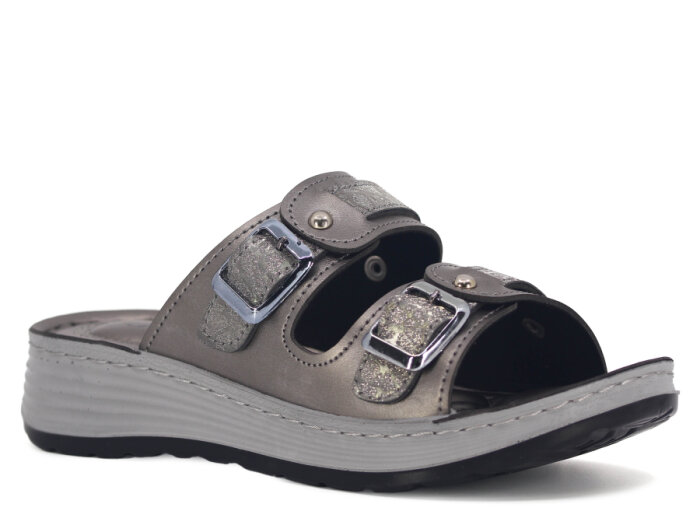 Serra Zenne 8002-1 Simli Çift Toka Dikişli Kutulu Günlük Terlik Platin - 1