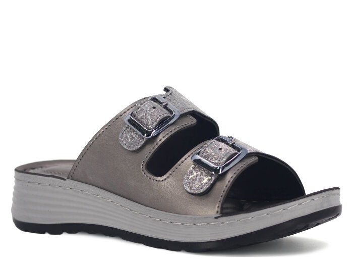 Serra Zenne 8003-1 Simli Çift Toka Dikişli Kutulu Günlük Terlik Platin - Serra